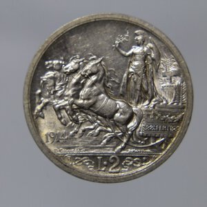 obverse: REGNO D ITALIA VITTORIO EMANUELE III 2 LIRE 1914 QUADRIGA BRIOSA AG SPL+  BELLA PATINA