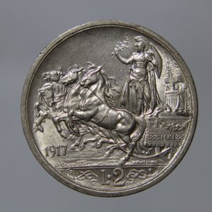 obverse: REGNO D ITALIA VITTORIO EMANUELE III 2 LIRE 1917 QUADRIGA BRIOSA SPL+ BELLA PATINA NC