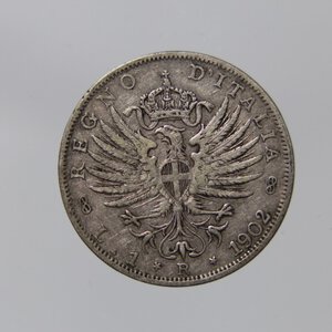 obverse: REGNO D ITALIA VITTORIO EMANUELE III 1 LIRA 1902 AQUILA SABAUDA AG BB