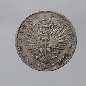 obverse: REGNO D ITALIA VITTORIO EMANUELE III 1 LIRA 1905 AQUILA SABAUDA AG QBB\BB RR