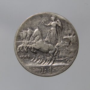 obverse: REGNO D ITALIA VITTORIO EMANUELE III1 LIRA 1908 QUADRIGA VELOCE AG QBB\MB NC