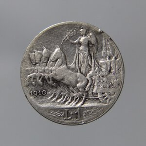 obverse: REGNO D ITALIA VITTORIO EMANUELE III 1 LIRA 1910 QUADRIGA VELOCE AG BB\MB