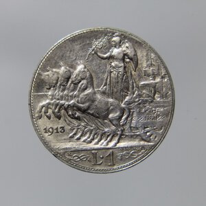 obverse: REGNO D ITALIA VITTORIO EMANUELE III 1 LIRA 1913 QUADRIGA VELOCE AG BB+\BB