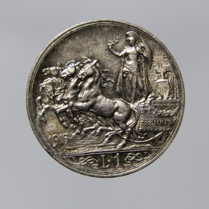 obverse: REGNO D ITALIA VITTORIO EMANUELE III 1 LIRA 1915 QUADRIGA BRIOSA BELLA PATINA FDC NC