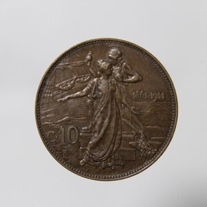 obverse: REGNO D ITALIA VITTORIO EMANUELE III 10 CENTESIMI 1911 CINQUANTENARIO CU BB