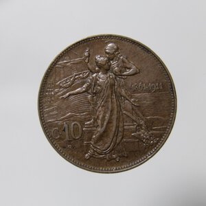 obverse: REGNO D ITALIA VITTORIO EMANUELE III 10 CENTESIMI 1911 CINQUANTENARIO CU BB