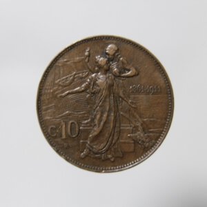 obverse: REGNO D ITALIA VITTORIO EMANUELE III 10 CENTESIMI 1911 CINQUANTENARIO CU QBB