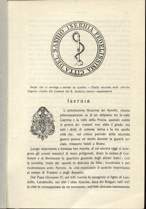 obverse: CAGIATI  M. -  ISERNIA. Bologna, s.d.  pp. 4, ill. nel testo. ril. cart. Muto buono stato.
