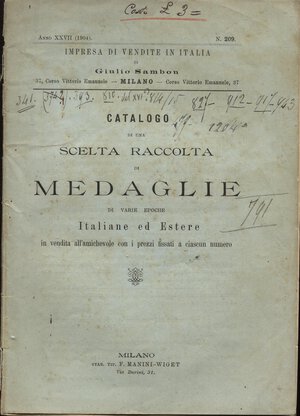 obverse: SAMBON  G. -  Catalogo a prezzi fissi di una scelta raccolta di medaglie.  Milano, 1904.  Pp. 72,  nn. 1352. Ril. ed. sciupata, buono stato raro.