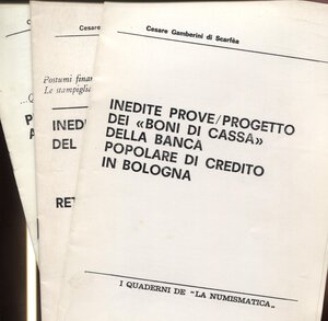 obverse: GAMBERINI  C. -  Lotto di 3 opuscoli riguardanti la cartamoneta. Brescia, 1978. Ill. nel testo. ril. ed. buono stato.