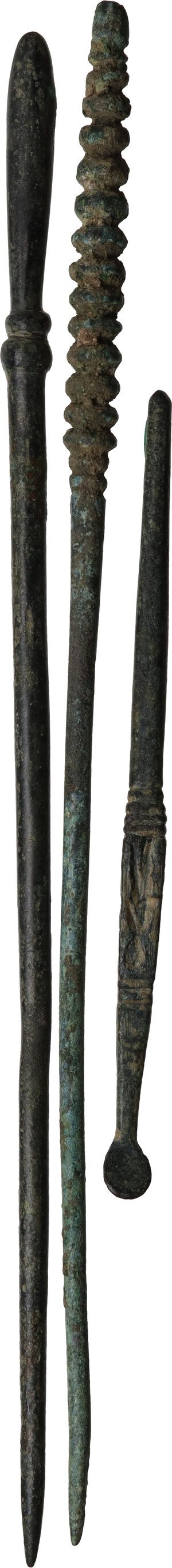 obverse: Lot of 3 bronze medical tools.  Roman.  Lengths: 147 mm, 146 mm, 77 mm