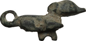 obverse: Bronze brooch in the shape of a dog.  Roman, 3rd century AD.  42 mm