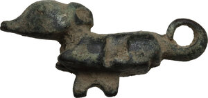 reverse: Bronze brooch in the shape of a dog.  Roman, 3rd century AD.  42 mm