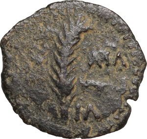 obverse: Judaea.  Valerius Gratus, Procurator 15-26 AD. AE Prutah in the name of Tiberius, 24/25 AD, Jerusalem mint