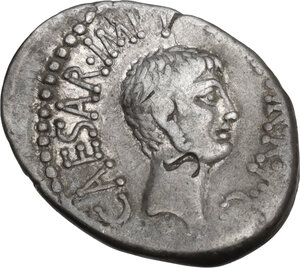 reverse: The Triumvirs. Mark Antony and Octavian. AR Denarius. Spring-early summer 41 BC. Ephesus mint, M. Barbatius Pollio, quaestor pro praetore