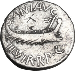 obverse: Marcus Antonius. AR Denarius. mint moving with Marcus Antonius, 32-31 BC