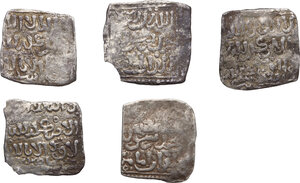 obverse: Merinidi. Lot of 5 (five) AR 1/2 Dirhams. Anonymous type in the name of the Qur an, 2 x without mint, 1 x  Fas mint, 2 x Sabta mint