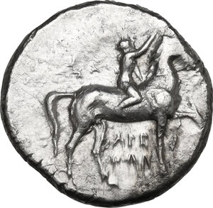 obverse: Southern Apulia, Tarentum. AR Nomos, 302-280 BC. Arethon, Sa-, and Cas-, magistrates