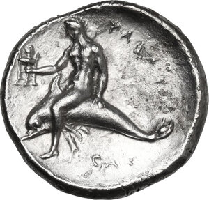 reverse: Southern Apulia, Tarentum. AR Nomos, 302-280 BC. Arethon, Sa-, and Cas-, magistrates