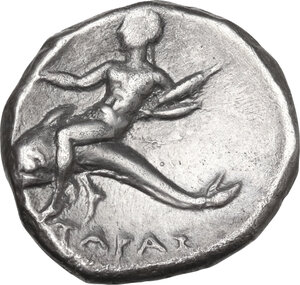 reverse: Southern Apulia, Tarentum. AR Nomos, c. 272-240 BC. Aristis, magistrate