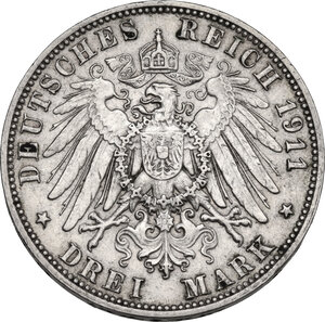 reverse: Germany, Sachsen.  Friedrich August III (1904-1918). AR 3 Mark, Muldenhütten mint, 1911