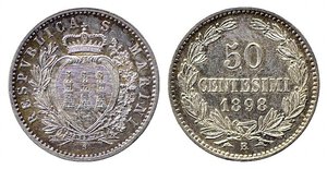 obverse: SAN MARINO. Vecchia monetazione. 50 centesimi 1898. Ag (2,5 g - 18 mm). Gig. 29. Segni di pulizia nei campi, FDC 