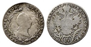 obverse: VENEZIA. Regno Lombardo Veneto. Francesco I d Asburgo Lorena (1815-1835). 5 kreuzer (1/4 di Svanzica) 1820. Mi (2,03 g). Gig. 120 rara. MB