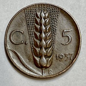 reverse: Vittorio Emanuele III (1900-1943). 5 centesimi 1937 