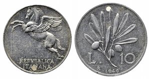 obverse: Repubblica Italiana. Monetazione in lire (1946-2001). 10 lire 1946 