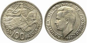 obverse: MONACO. Ranieri III. 100 francs 1950 Co-Ni (11.90 g - 30 mm). KM#133. qFDC