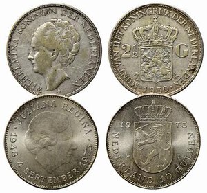 obverse: OLANDA. Lotto di 2 monete in argento (2-1/2 gulden 1930 BB; 10 gulden 1973 FDC). 