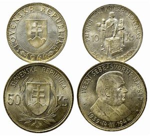 obverse: SLOVACCHIA. Lotto di 2 monete in argento (10 e 50 korun 1944). FDC
