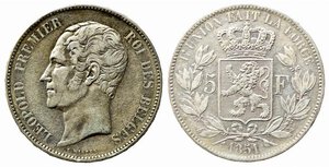 obverse: BELGIO. Leopoldo I (1831-1865). 5 Francs 1851 Ag. Km#17. BB+