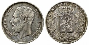 obverse: BELGIO. Leopoldo II (1865-1909). 5 Francs 1873 Ag (24,80 g). KM#24. BB