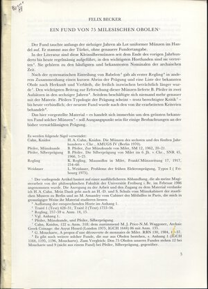 obverse: BECKER F. – Ein fund von 75 milesischen obolen. Berne 1988. Pp. 5-33. Tavv.4 Brossura. Buono stato