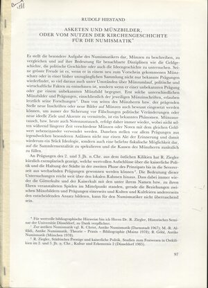 obverse: HIESTAND R. - Asketen un munzbilder, oder vom nutzen der kirchengeschichte fur die numismatik.  Berna, 1988. pp. 97-110, tavv. 1. brossura editoriale, buono stato.