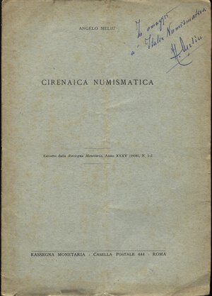 obverse: MELIU A. - Cirenaica numismatica. Roma, 1932.  pp. 6, ill nel testo. ril ed buono stato, raro