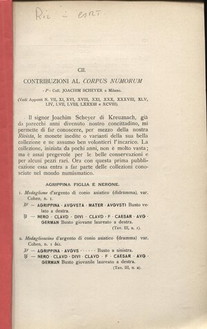 obverse: GNECCHI F. - Appunti di numismatica romana. CII. Contribuzioni al Corpus nummorum ; Coll. Joachim Scheyer. Milano, 1911. pp. 151-164, tavv. 1. ril. cartoncino, buono stato, raro. 
