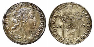 obverse: FOSDINOVO. Maria Maddalena Centurioni, moglie di Pasquale Malaspina (1663-1669). Luigino 1667. Mi (1,77 g). qSPL
