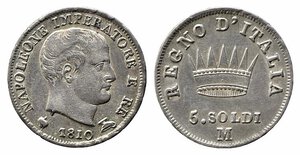 obverse: MILANO. Napoleone I, Re d Italia (1805-1814). 5 soldi 1810. Ag (1,25 g). Gig. 189. SPL+