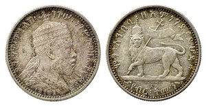 obverse: ETIOPIA. Menelik II (1889-1913). 1/8 Birr EE1887A (1894). Ag 3,50 g. KM#2. qSPL