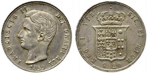 obverse: NAPOLI. Francesco II di Borbone (1859-1860). Tarì da 20 Grana 1859. Ag (4,58 g - 22 mm). Rif.Magliocca 808 NC. SPL-FDC
