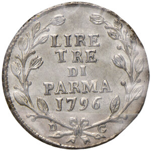 reverse: Parma. Ferdinando di Borbone (1765-1802). Da 3 lire 1796 AG. MIR 1076/6. Periziata Francesco Cavaliere q.FDC/FDC. Rara. Migliore di SPL 