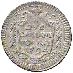 reverse: Roma. Pio VI (1775-1799). Da 2 carlini romani 1794 anno XX MI gr. 5,69. Muntoni 79. Berman 2977. BB-SPL 