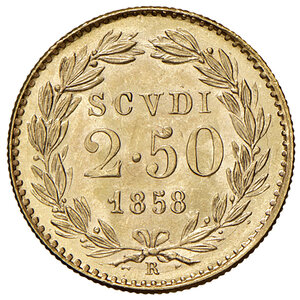 reverse: Roma. Pio IX (1846-1878). Da 2,50 scudi 1858 anno XIII AV. Pagani 366. Fondi lucenti, FDC