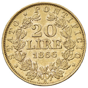 reverse: Roma. Pio IX (1846-1878). Monetazione decimale, 1866-1870. Da 20 lire 1866 anno XXI AV. Pagani 529. BB