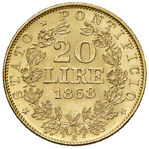 reverse: Roma. Pio IX (1846-1878). Monetazione decimale, 1866-1870. Da 20 lire 1868 anno XXIII AV. Pagani 534. SPL/Migliore di SPL