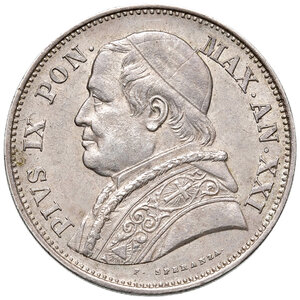 obverse: Roma. Pio IX (1846-1878). Monetazione decimale, 1866-1870. Da 2 lire e mezzo 1867 anno XXI AG. Pagani 552.   Rara. Patina di medagliere, SPL