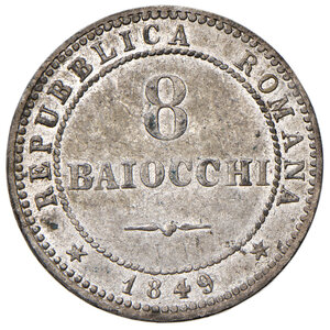 reverse: Roma. Seconda Repubblica Romana (9 febbraio – 4 luglio 1849). Da 8 baiocchi 1849 MI. Pagani 341. SPL 
