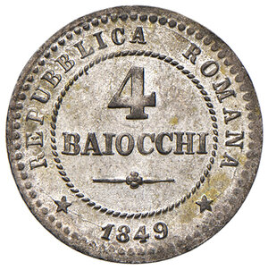 reverse: Roma. Seconda Repubblica Romana (9 febbraio – 4 luglio 1849). Da 4 baiocchi 1849 MI. Pagani 342. Conservazione eccezionale, FDC 